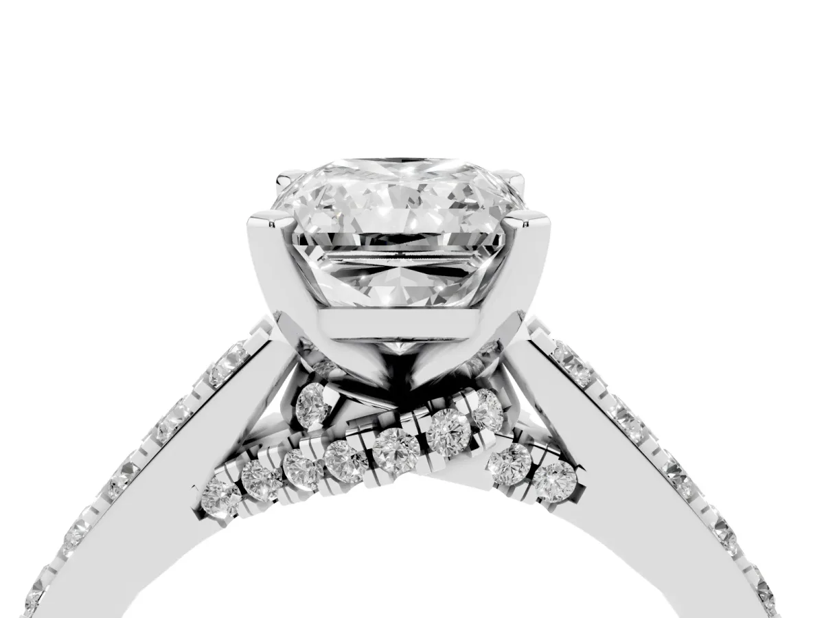 Radiant Cut Diamond Solitaire Ring with Crossover Gallery and Round Pavé Band Platinum