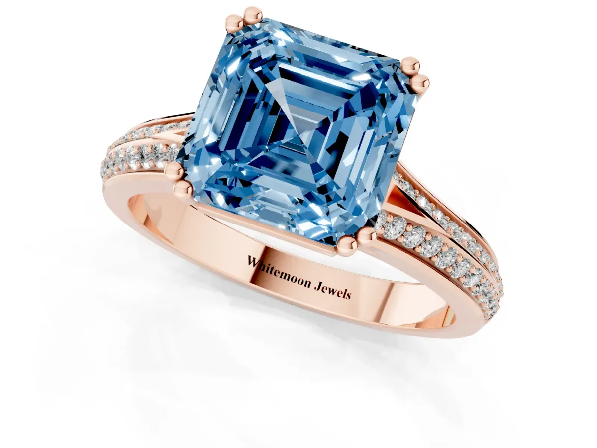 Fancy Blue Asscher Cut Diamond Split Shank Engagement Ring with Pavé Band Rose gold