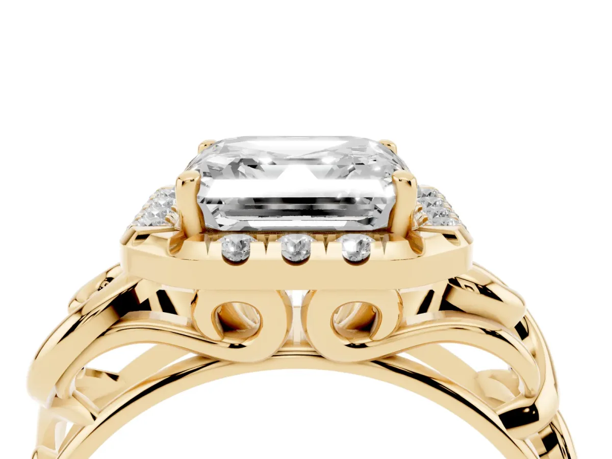 Asscher Cut Cut Halo Diamond Ring with Scrollwork Band and Four-Prong Setting Yellow gold