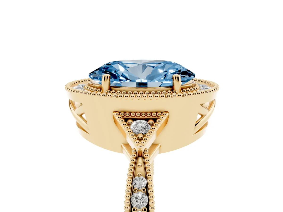 Fancy Blue Oval Cut Halo Round Diamond Milgrain Pave Engagement Ring Yellow gold