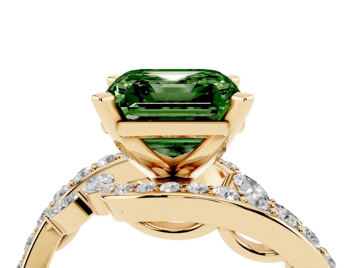 Fancy Green Asscher Cut Solitaire with Pavé Twist Band and Four-Prong Setting Yellow gold