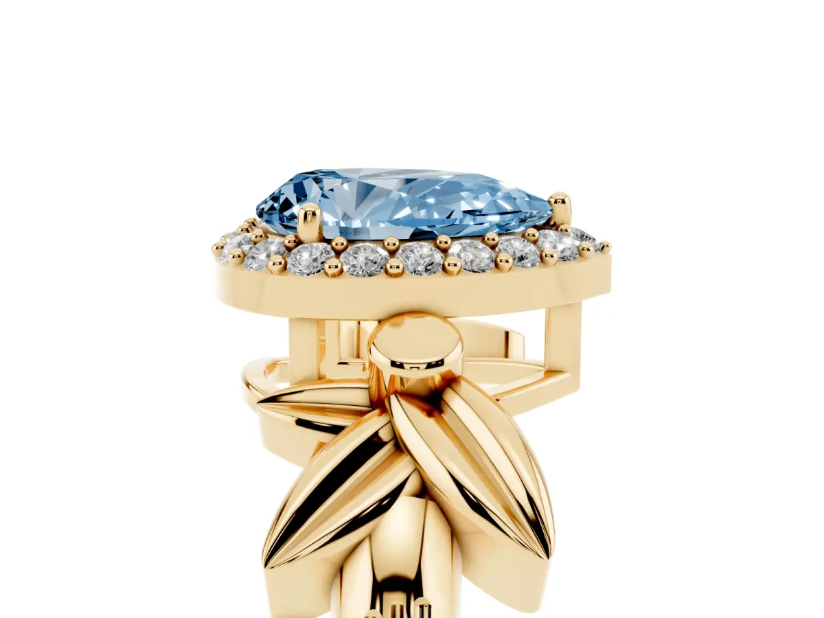 Fancy Blue Pear Cut Halo Diamond Floral Band with Four-Prong Setting Yellow gold