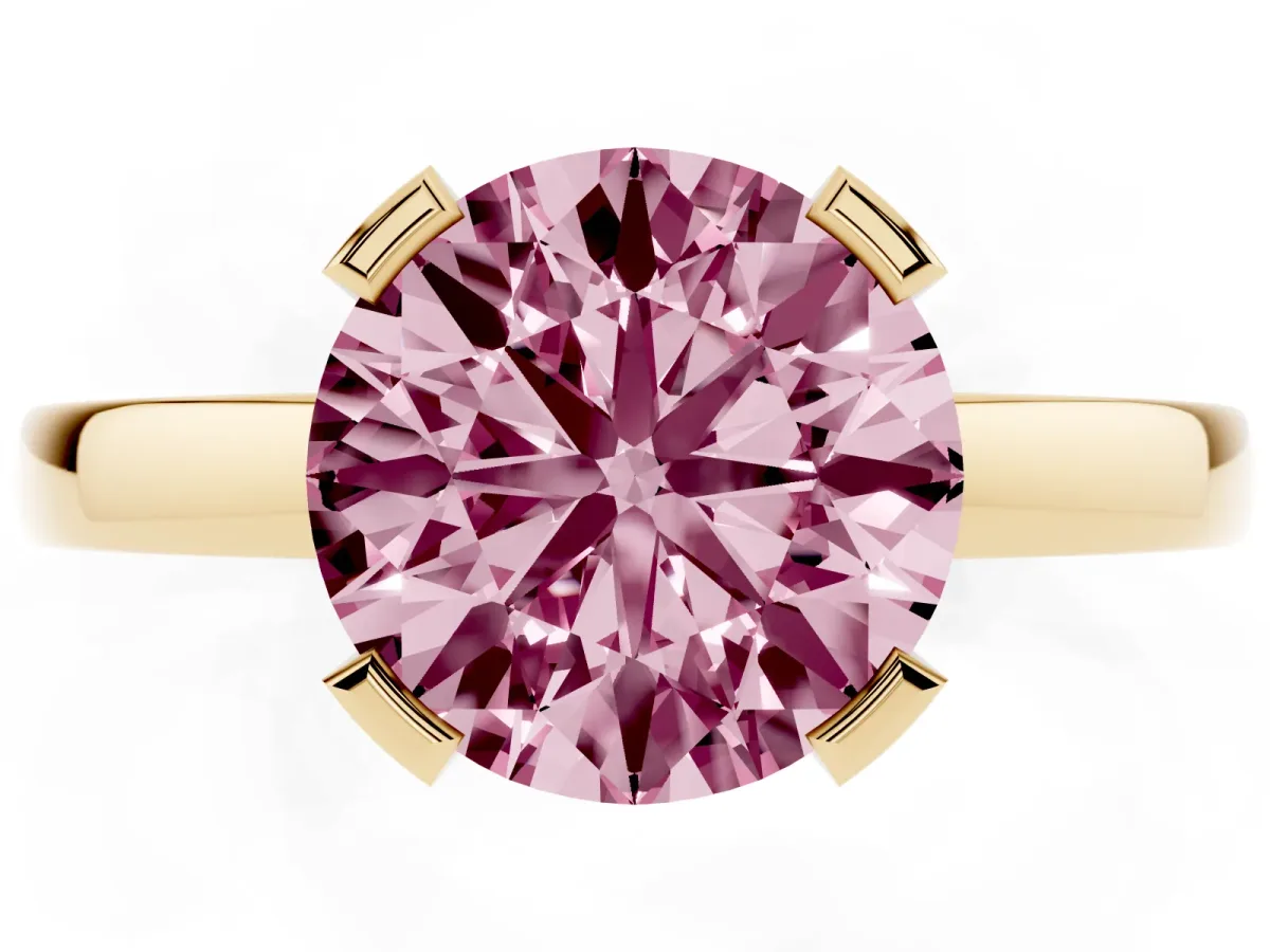 Fancy Pink Round Cut Cut Solitaire Ring with Four-Prong Setting and Classic Band Yellow gold