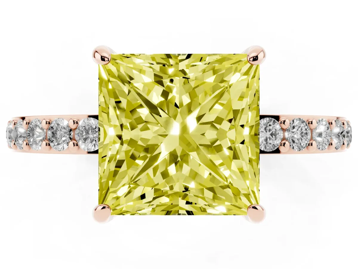 Fancy Yellow Princess Cut Diamond Pavé Engagement Ring with Round Accents and Prong Setting Rose gold