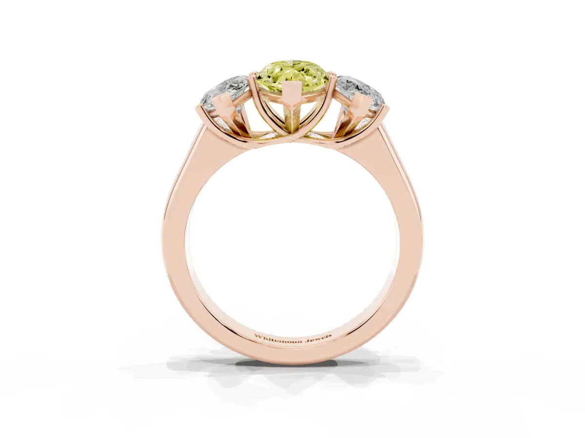 Fancy Yellow Marquise Cut Three-Stone Diamond Ring with Prong Setting on a Classic Band Rose gold