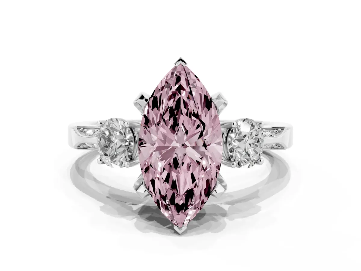 Fancy Pink Marquise Cut Brilliant Three-Stone Diamond Ring with Pavé Band and Four-Prong Setting Silver