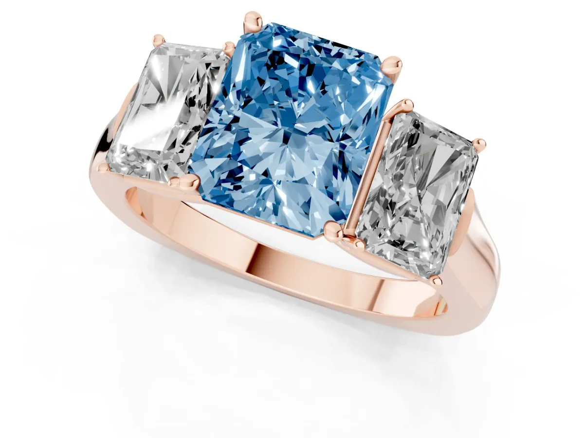 Fancy Blue Three-Stone Radiant Cut Brilliant Diamond Trellis Ring with Comfort Fit Band Rose gold