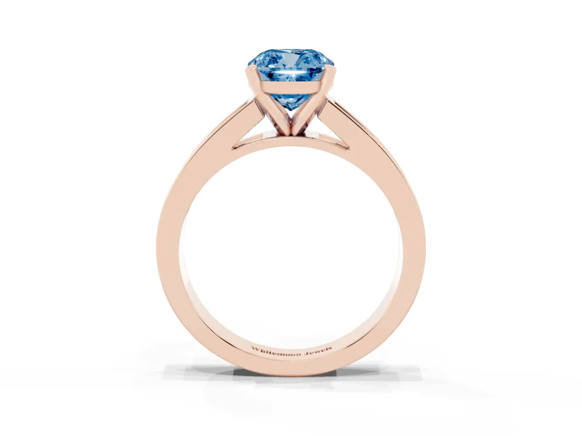 Fancy Blue Cushion Cut Solitaire Diamond Ring with Channel-Set Band and Four-Prong Setting Rose gold