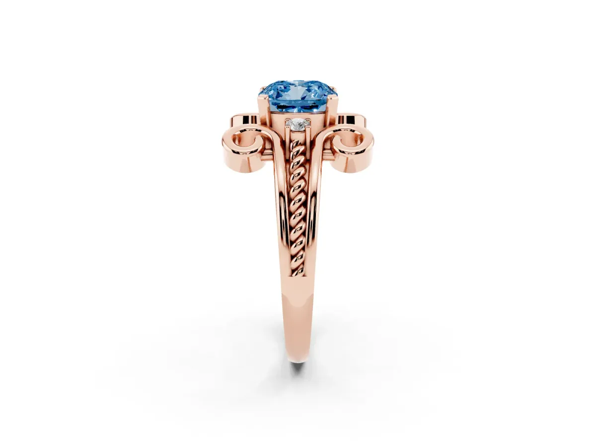 Fancy Blue Cushion Cut Solitaire Twisted Band Scroll Prong Ring Rose gold