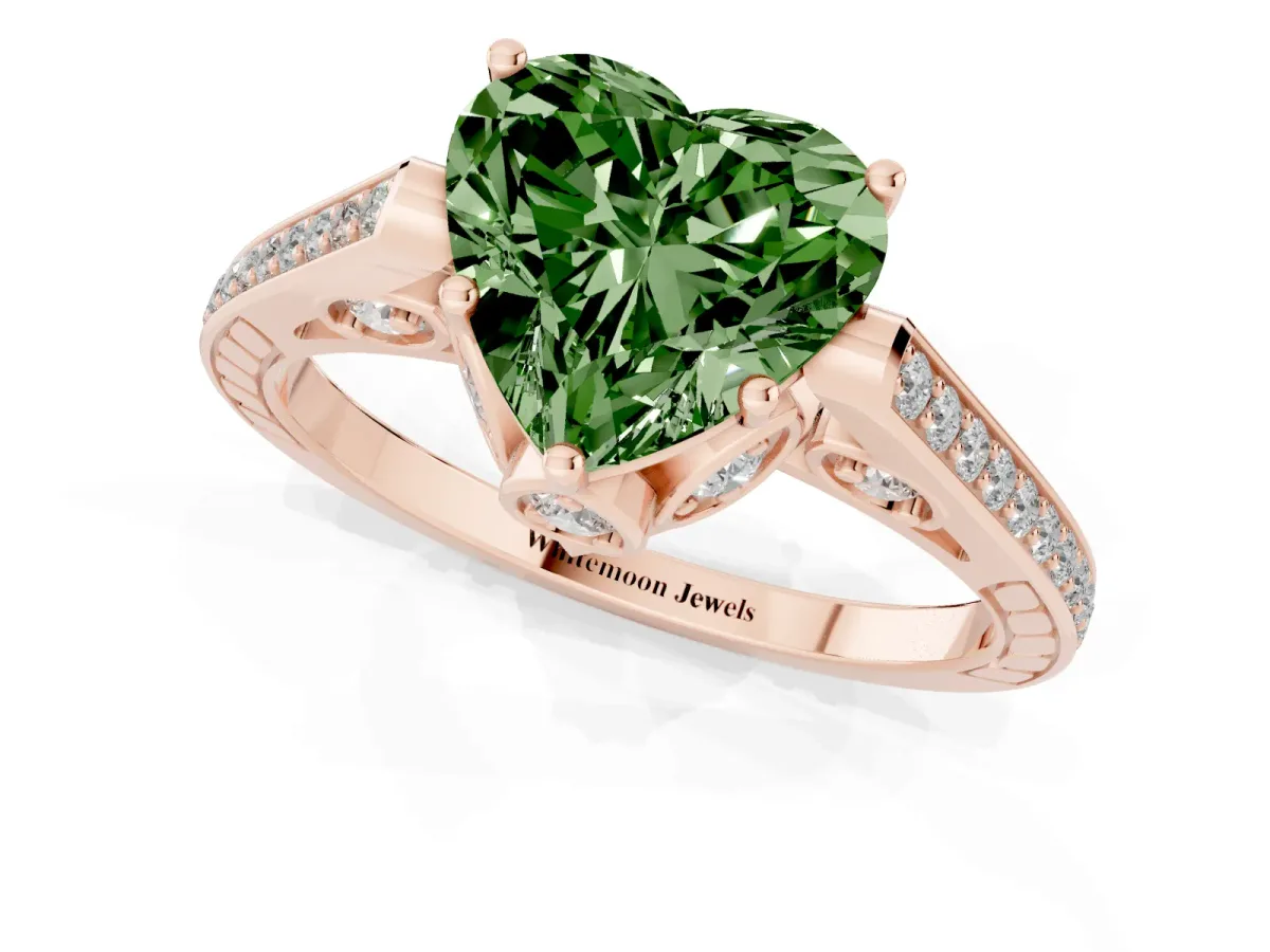 Fancy Green Heart Cut Cut Cathedral Pave Diamond Engagement Ring with Six-Prong Setting Rose gold