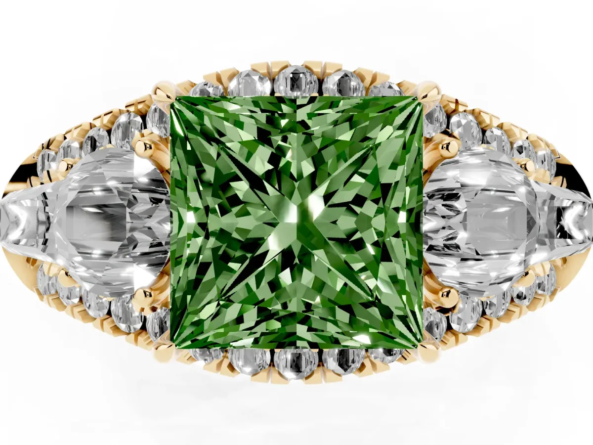 Fancy Green Three-Stone Princess Cut Diamond Engagement Ring with Pave Band and Prong Setting Yellow gold