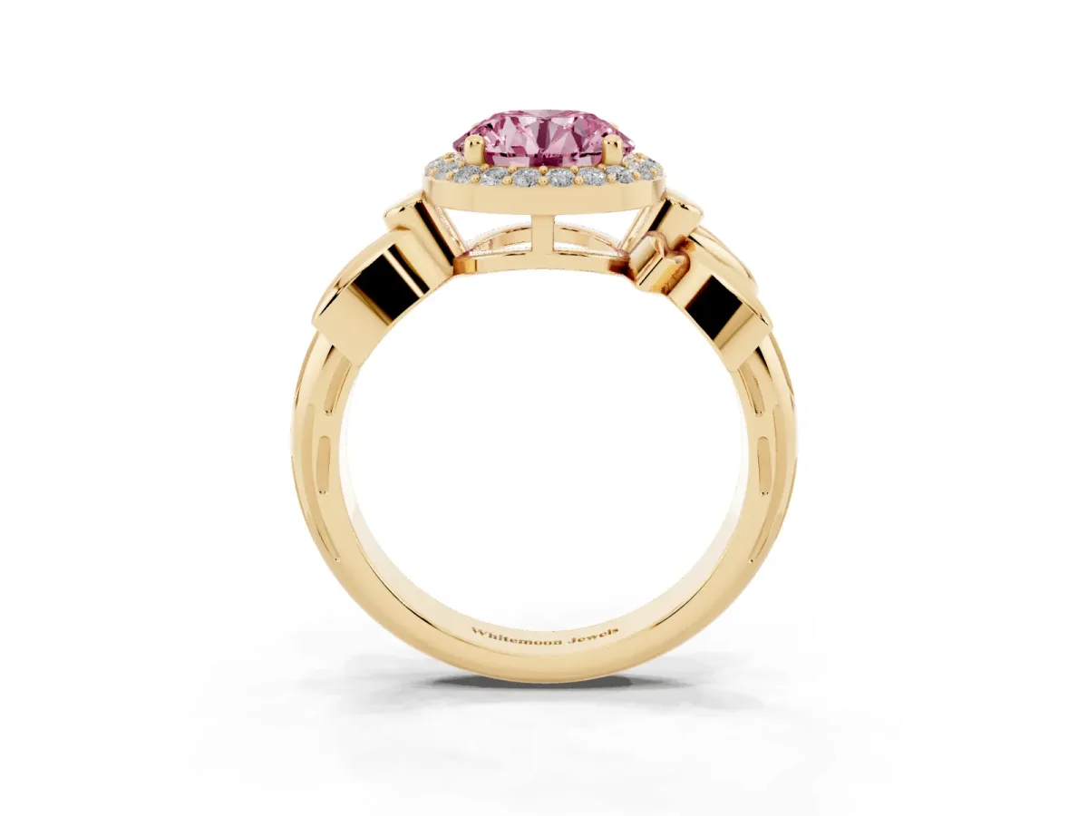 Fancy Pink Round Cut Halo Diamond Floral Band with Four-Prong Setting Yellow gold