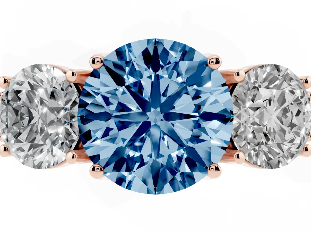 Fancy Blue Three-Stone Round Cut Cut Milgrain Pavé Engagement Ring Rose gold