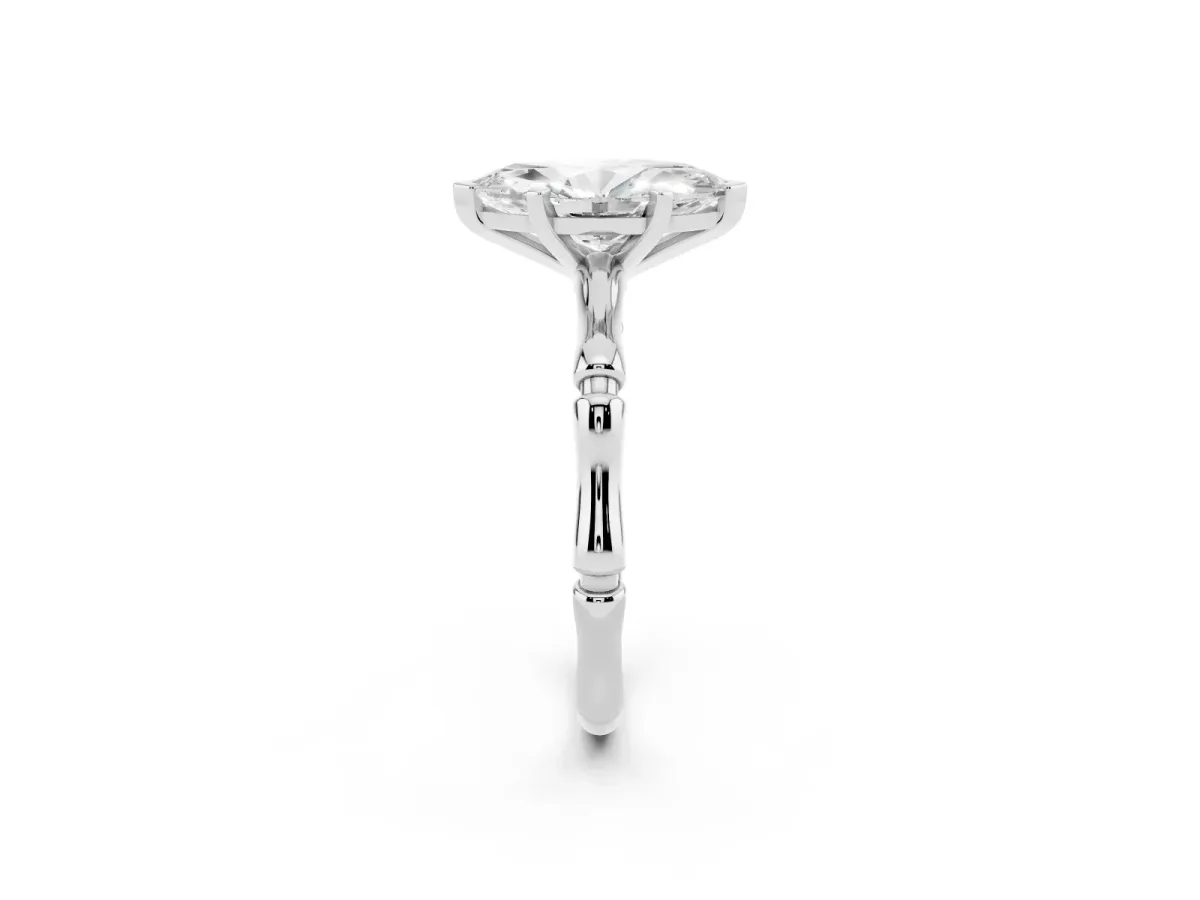 Marquise Cut Solitaire Diamond Ring with Bamboo Band and Four-Prong Setting Silver