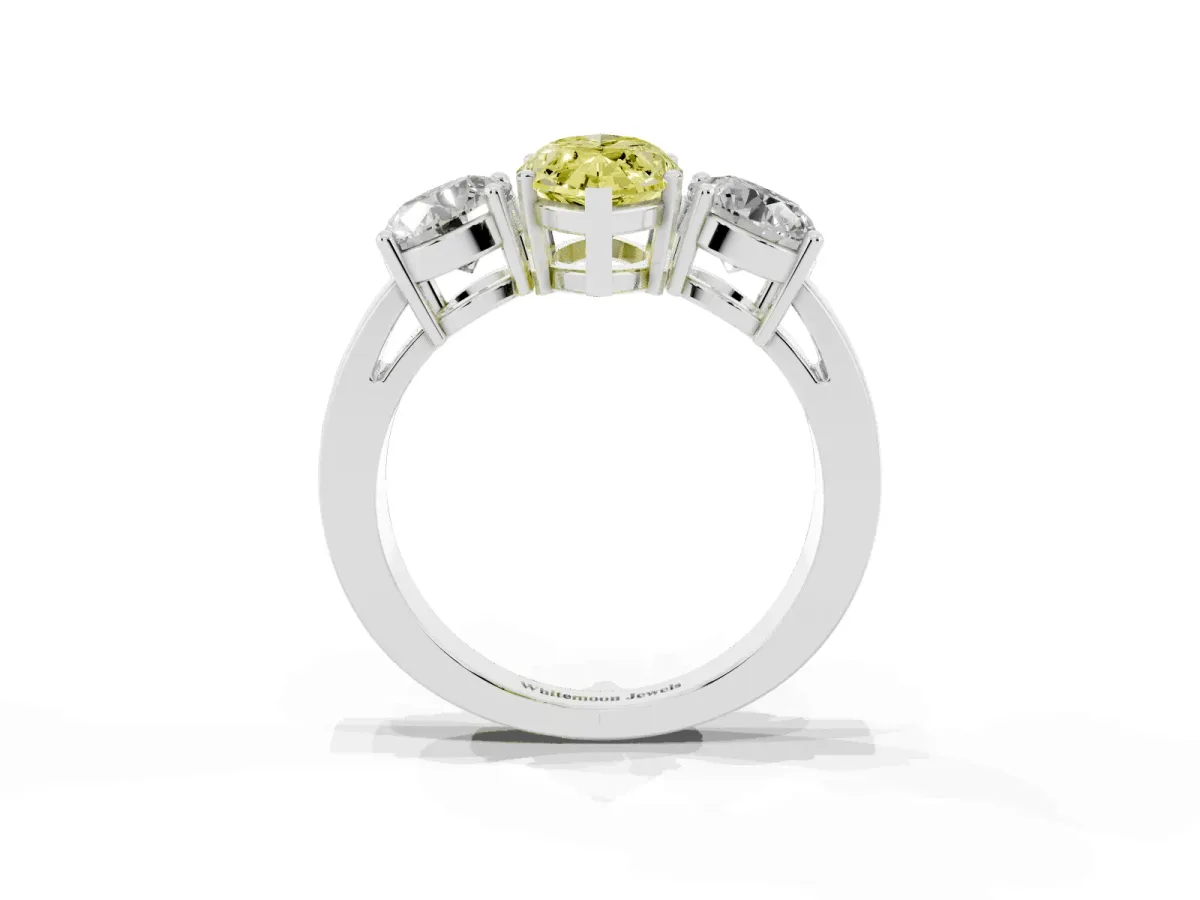 Fancy Yellow Three-Stone Marquise Cut Diamond Ring with Round Side Stones, Classic Band, and Four-Prong Setting White gold