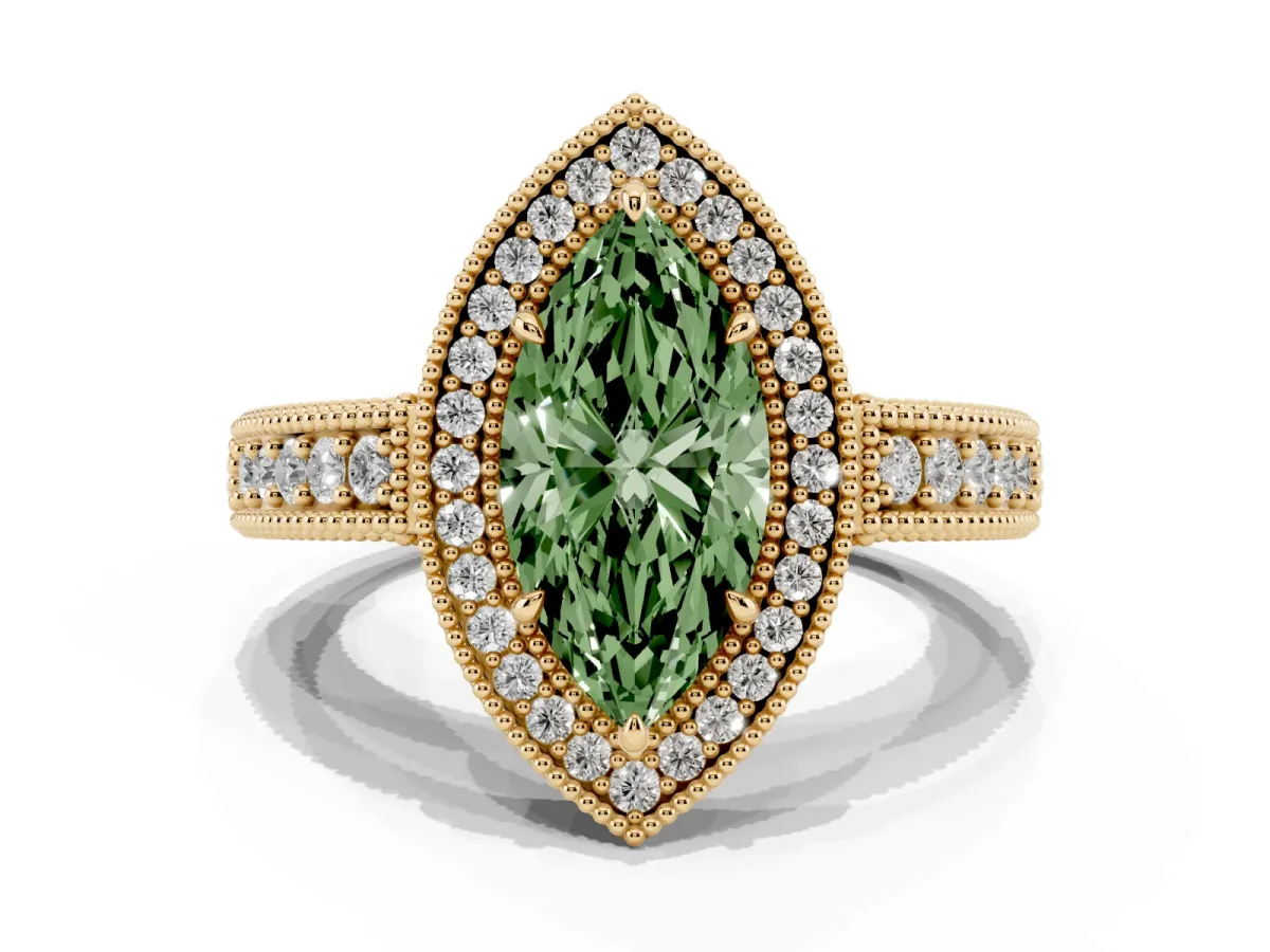 Fancy Green Marquise Cut Cut Halo Diamond Ring with Pavé Band and Four-Prong Setting Yellow gold