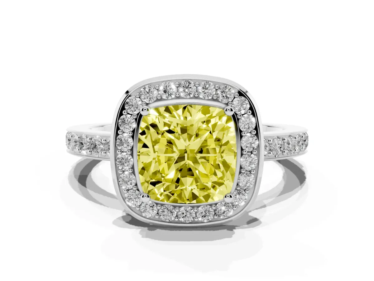 Fancy Yellow Cushion Cut Diamond Halo Ring with Bezel Frame and Pavé Band Silver