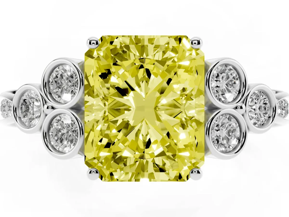 Fancy Yellow Radiant Cut Cut Diamond Engagement Ring with Bezel Set Round Side Stones and Prong Setting Platinum