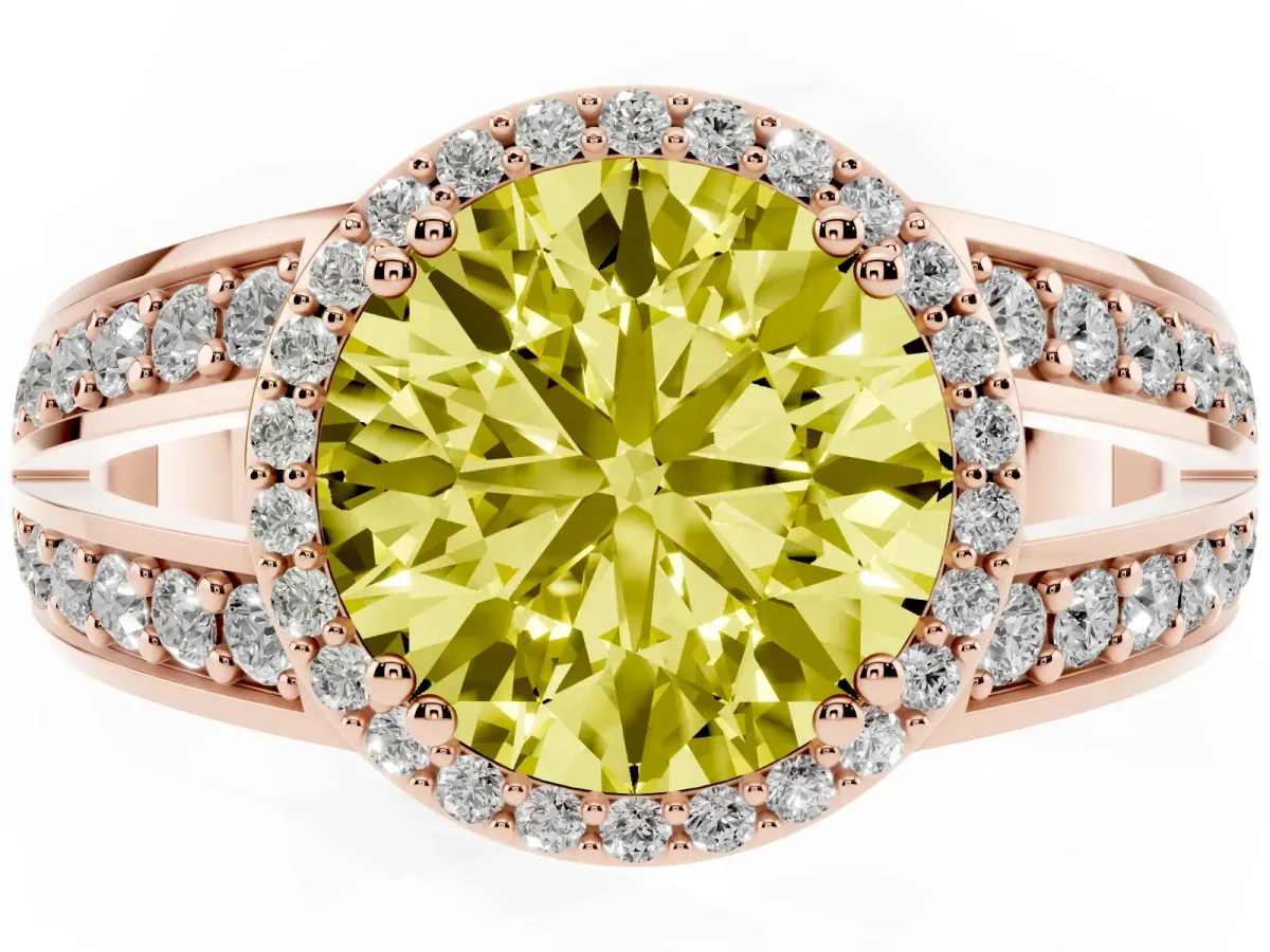 Fancy Yellow Round Cut Diamond Halo Ring with Split Shank Pavé Band and Four-Prong Setting Rose gold