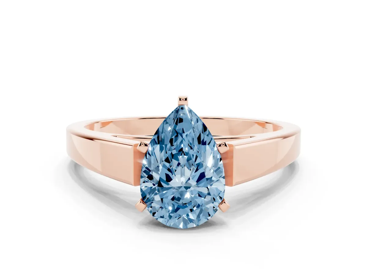 Fancy Blue Pear Cut Solitaire Engagement Ring with Four-Prong Setting and Tapered Band Rose gold