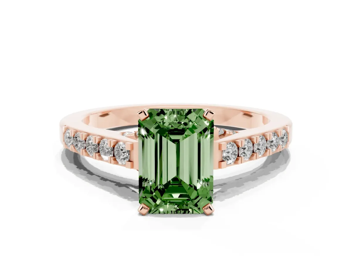 Fancy Green Emerald Cut Diamond Solitaire Ring with Crossover Gallery and Round Pavé Band Rose gold