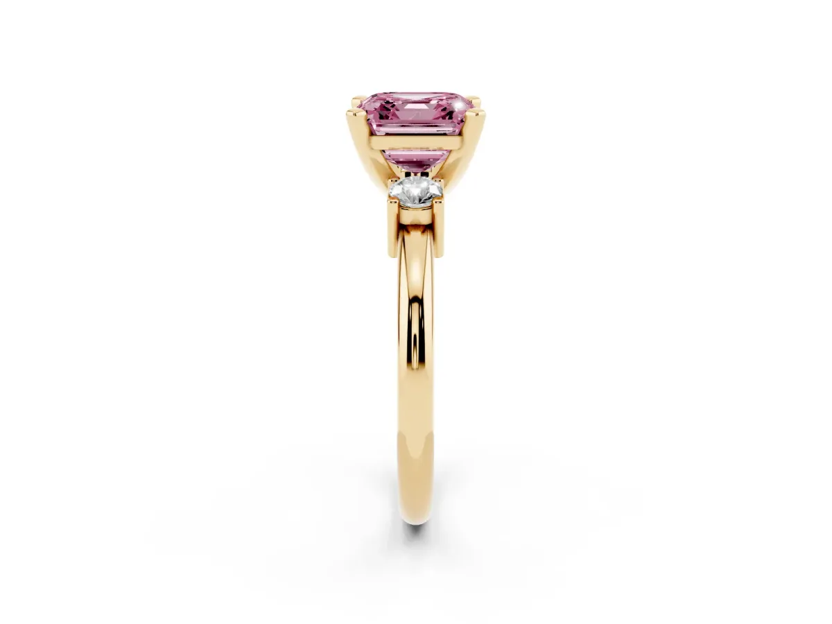 Fancy Pink Three-Stone Asscher Cut Cut Diamond Solitaire with Prong Setting and Classic Band Yellow gold