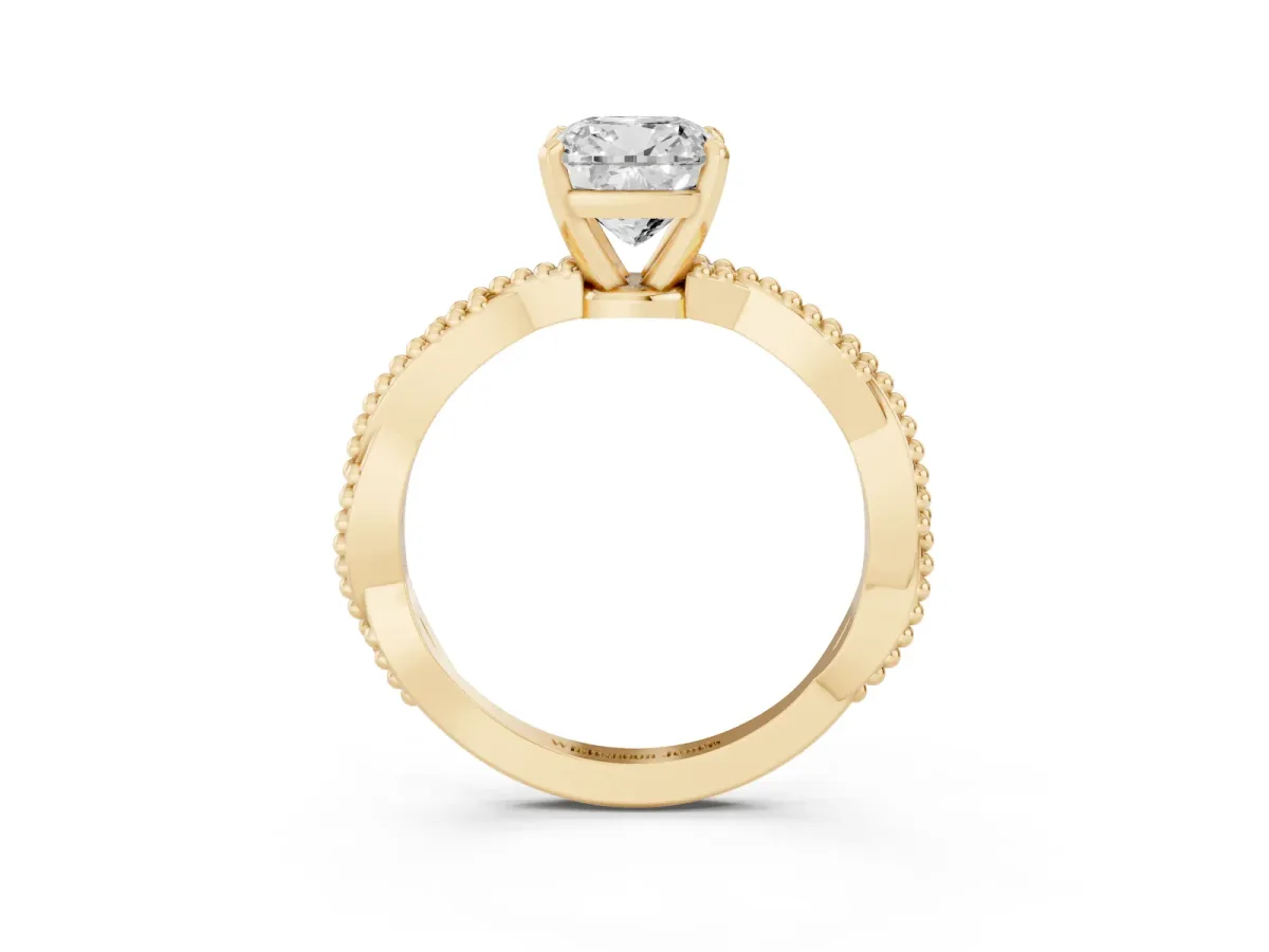 Cushion Cut Solitaire Twisted Band with Bead Prong Setting Yellow gold