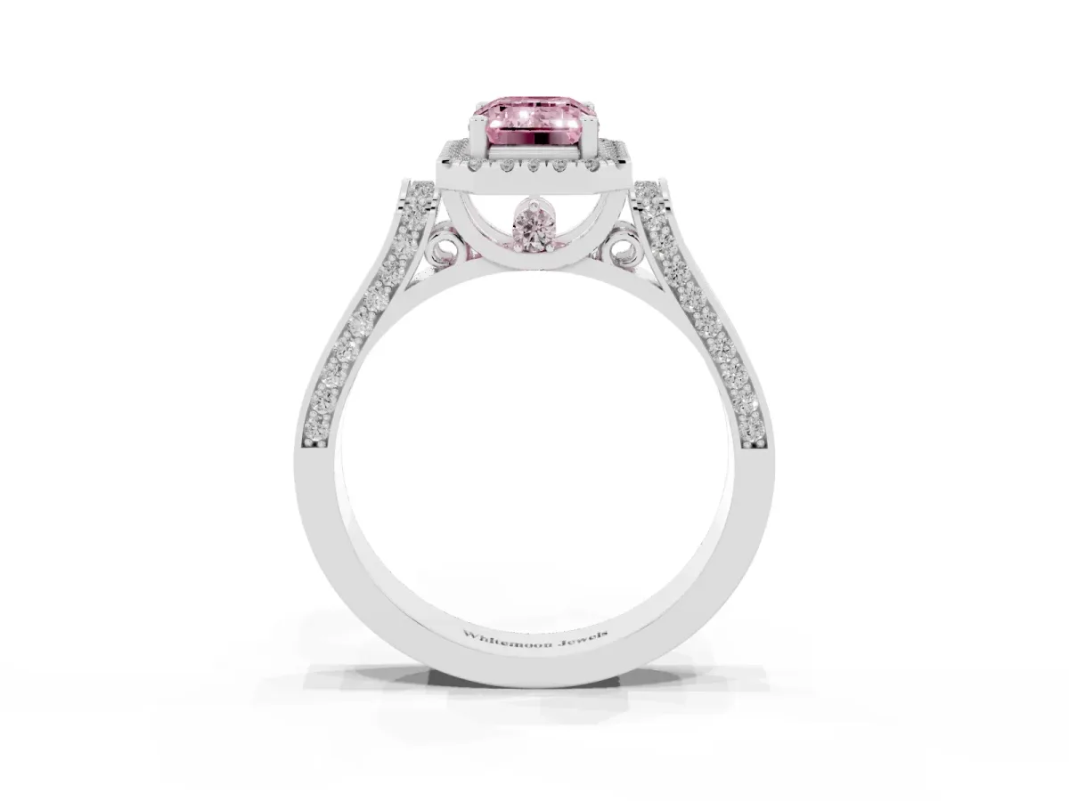 Fancy Pink Emerald Cut Halo Round Diamond Twist Band with Four-Prong Setting Platinum