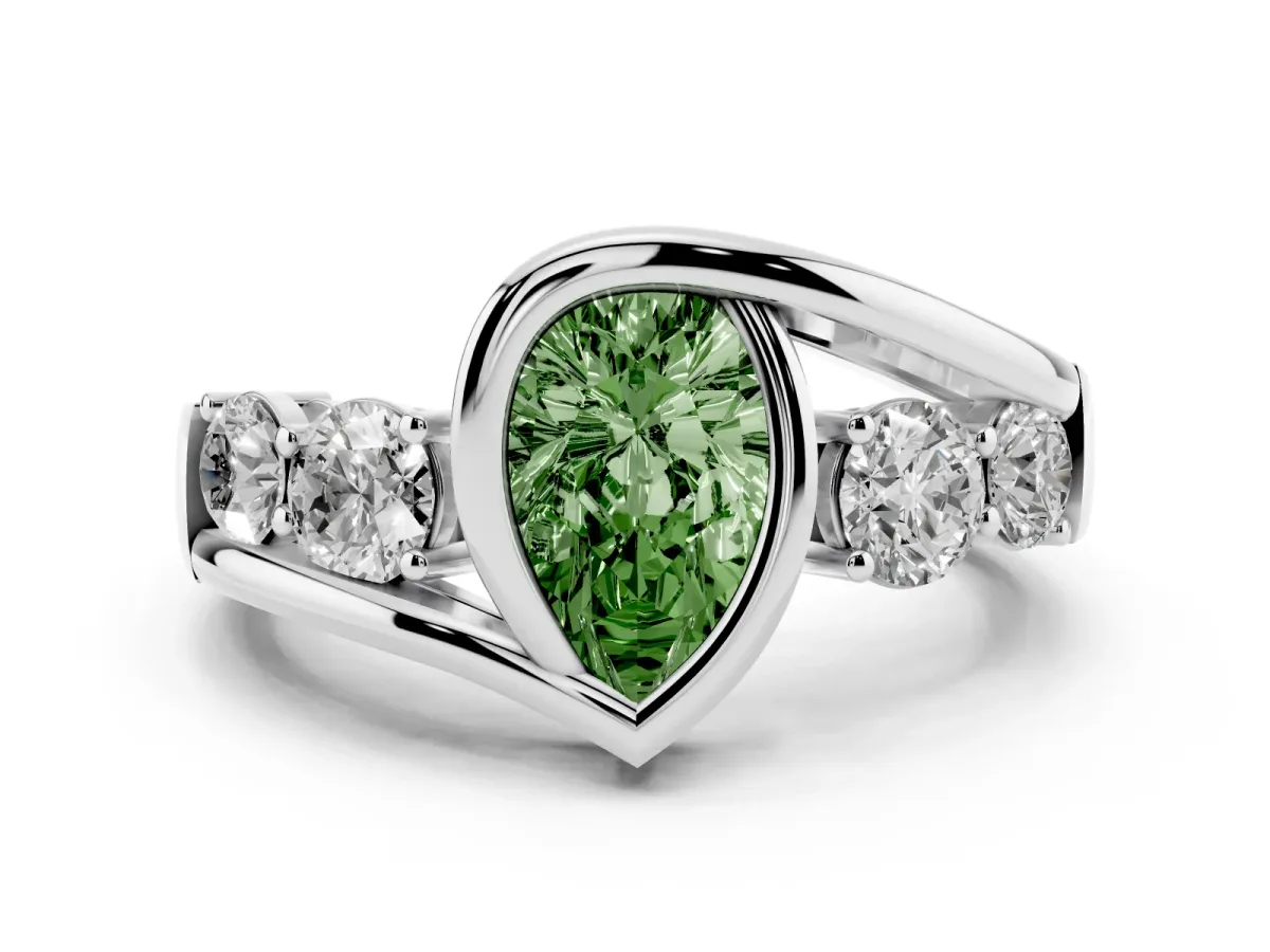 Fancy Green Bezel Set Pear Cut Diamond Bypass Ring with Round Accents Platinum