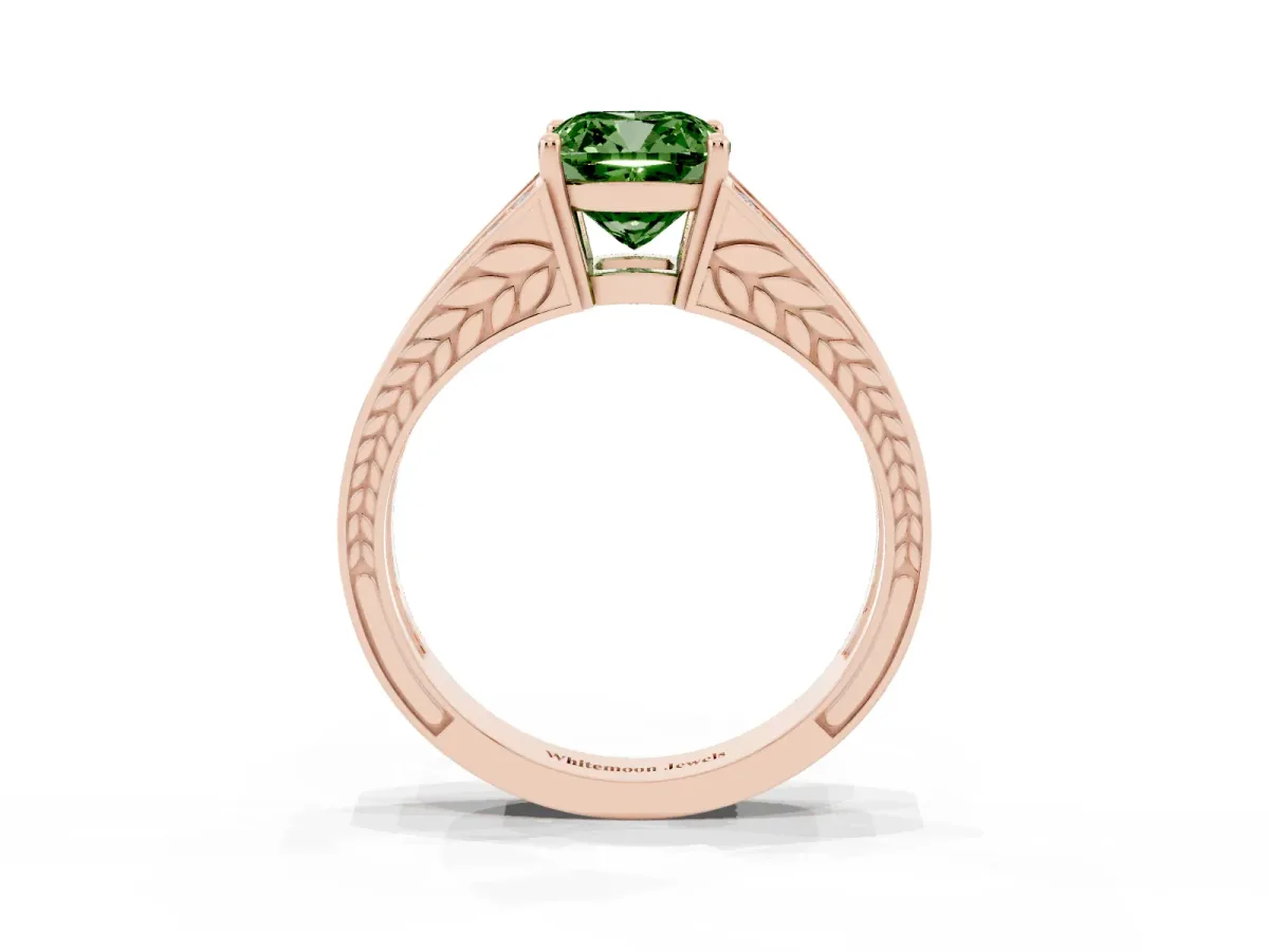 Fancy Green Cushion Cut Diamond Split Shank Ring with Pavé Band and Four-Prong Setting Rose gold