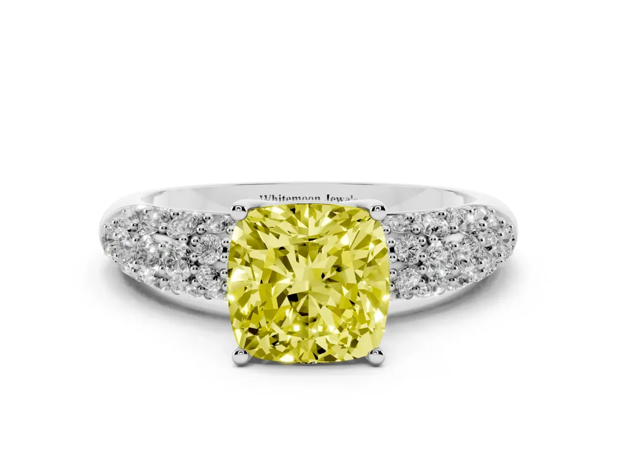 Fancy Yellow Cushion Cut Diamond Pavé Band Solitaire Ring with Four-Prong Setting Silver