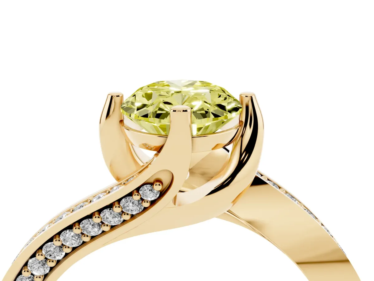 Fancy Yellow Oval Cut Solitaire Diamond Twist Band with Pavé Setting and Four-Prong Setting Yellow gold