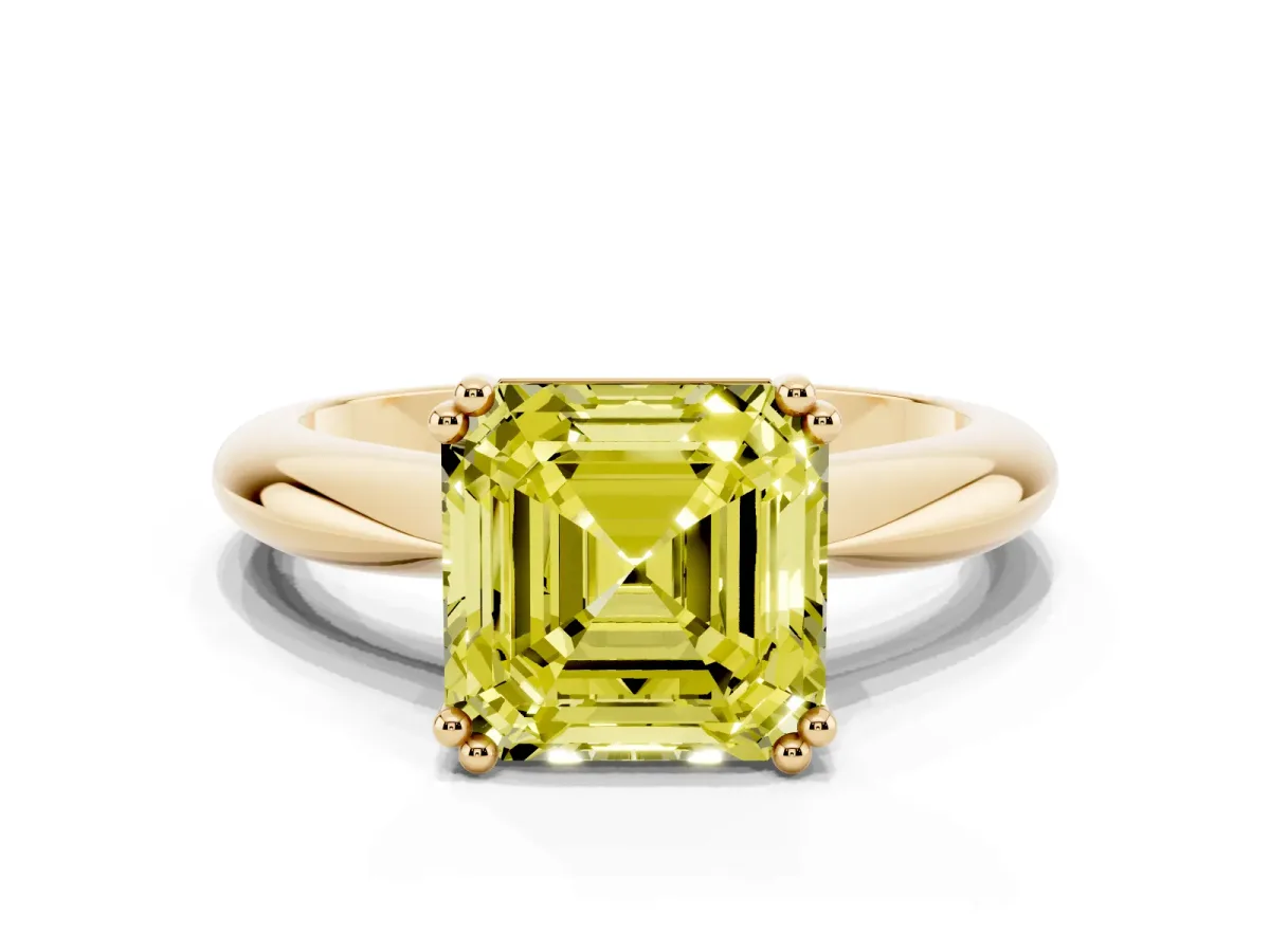 Fancy Yellow Asscher Cut Cut Solitaire Engagement Ring with Tapered Band and Four-Prong Setting Yellow gold