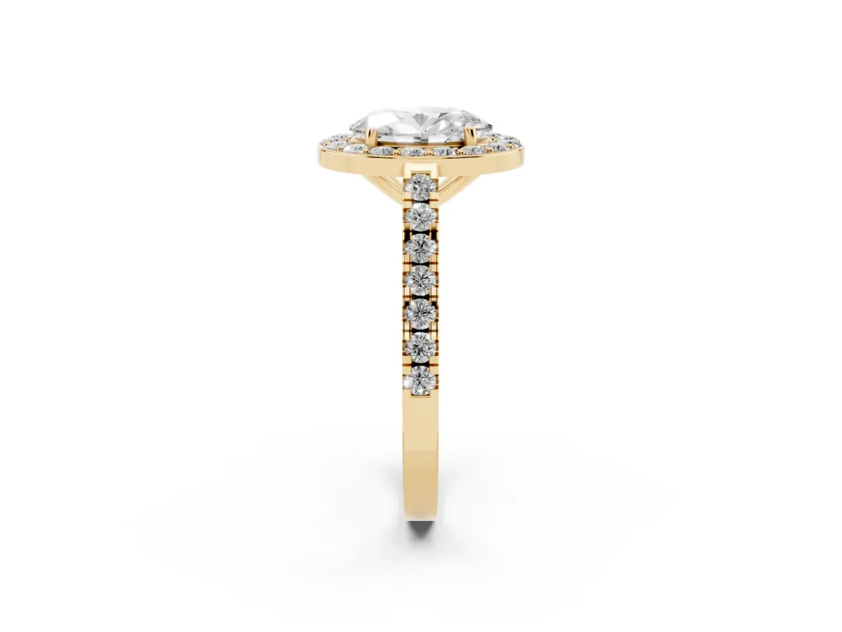 Oval Cut Diamond Halo Ring with Round Pavé Split Shank and Prong Setting Yellow gold
