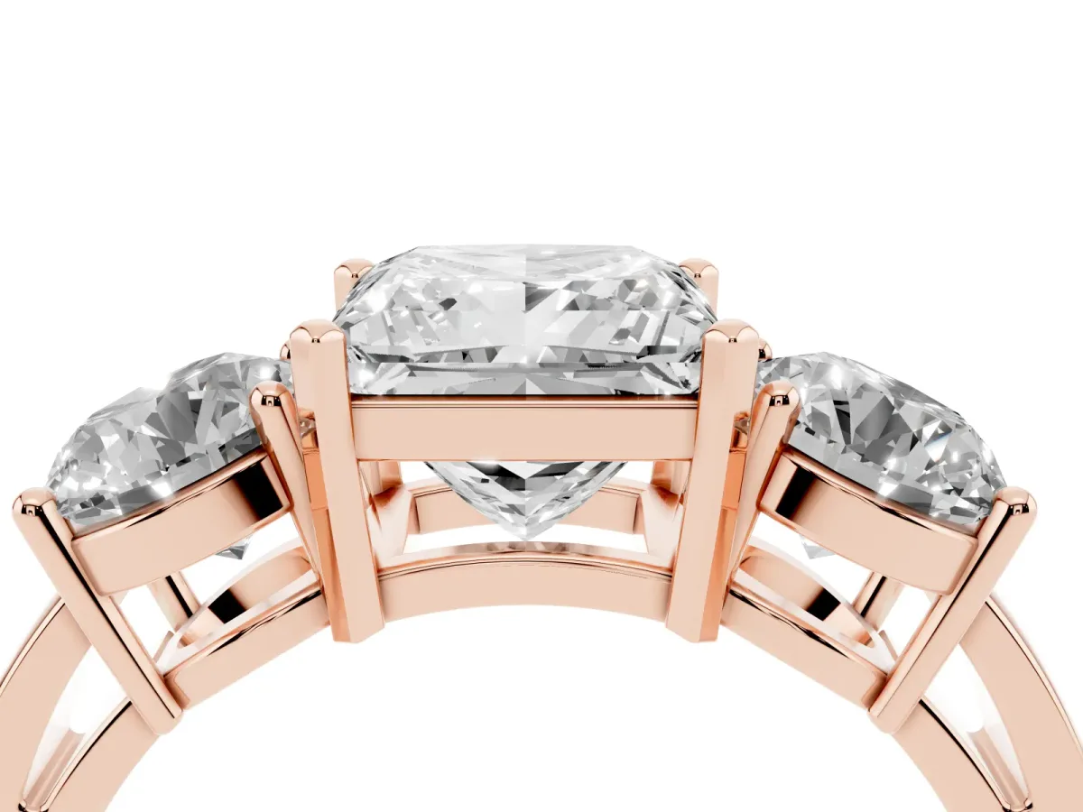 Three-Stone Princess Cut Diamond Ring with Round Side Stones, Classic Band, and Four-Prong Setting Rose gold