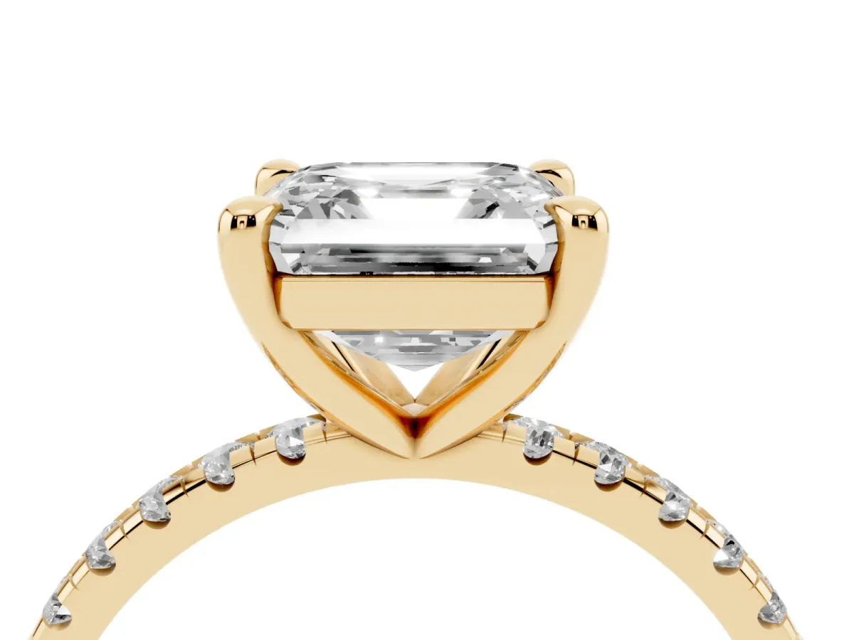 Asscher Cut Diamond Brilliant Solitaire Ring with Pavé Band and Four-Prong Setting Yellow gold