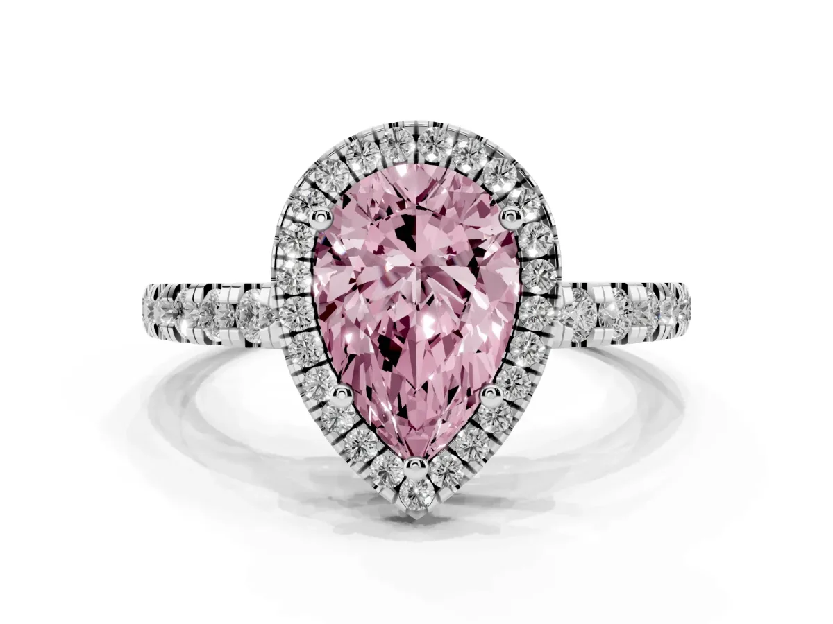 Fancy Pink Pear Cut Diamond Halo Ring with Pavé Band and Four-Prong Setting Platinum