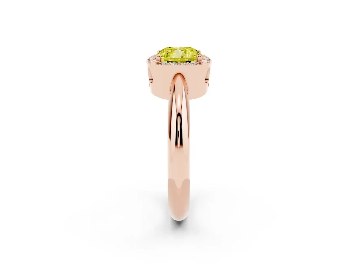 Fancy Yellow Cushion Cut Cut Diamond Halo Engagement Ring with Split Shank and Four-Prong Setting Rose gold