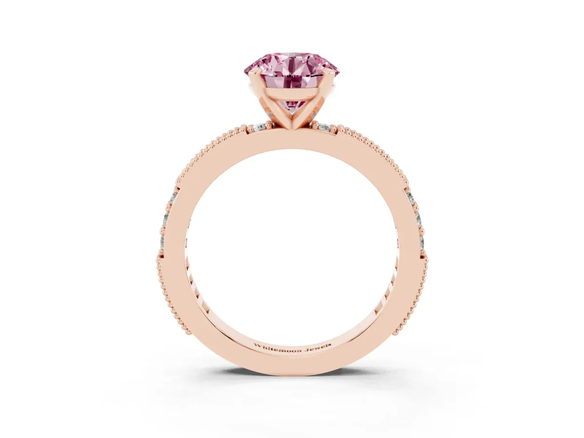 Fancy Pink Round Cut Solitaire with Pavé Band and Four-Prong Setting Rose gold