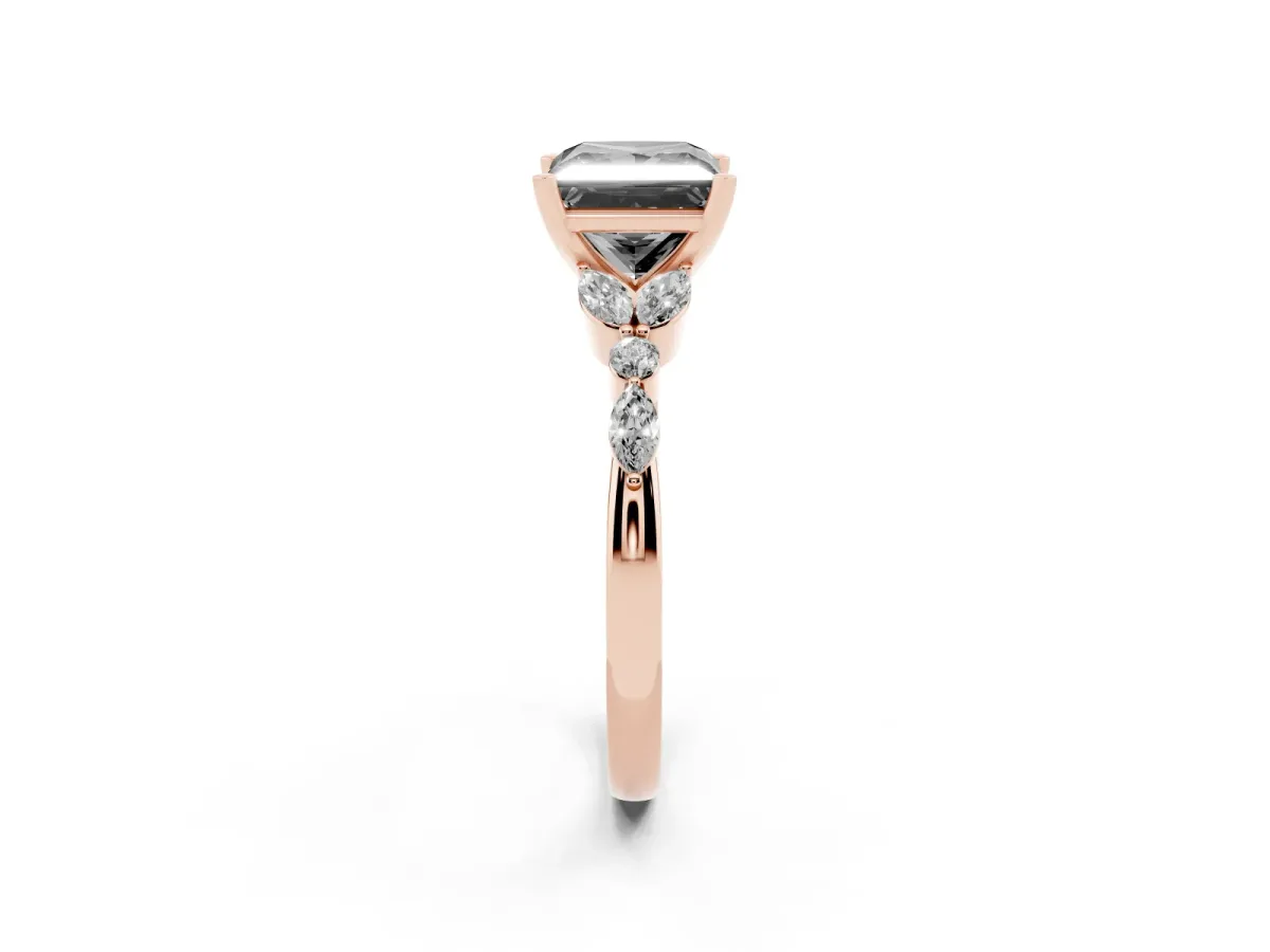 Fancy Black Princess Cut Diamond Solitaire Ring with Side Stones and Four-Prong Setting Rose gold
