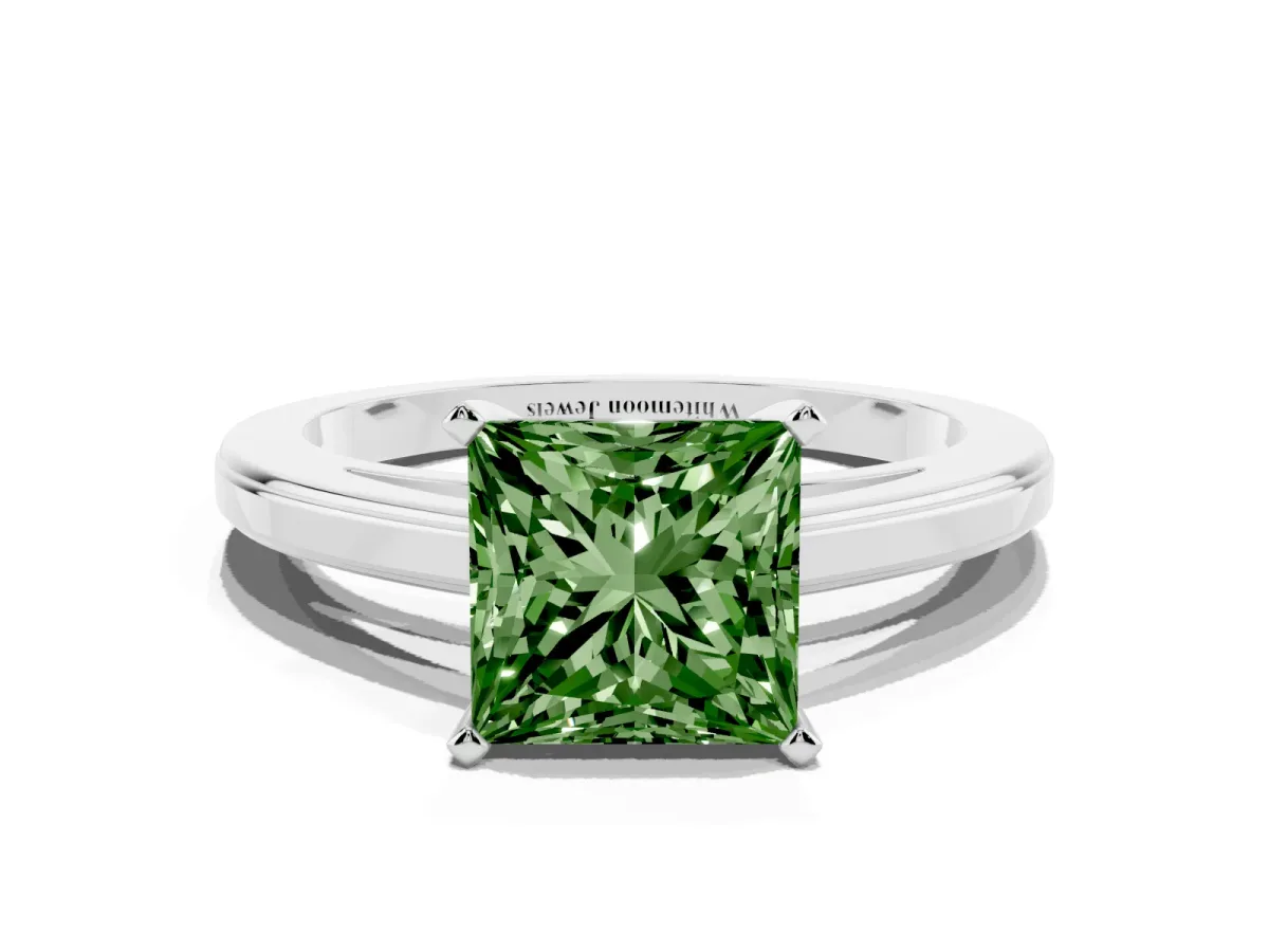 Fancy Green Princess Cut Solitaire Diamond Ring with Four-Prong Setting and Classic Band Platinum