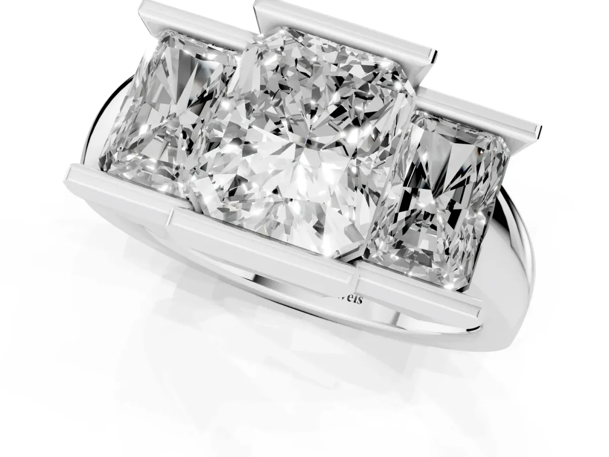 Three Stone Radiant Cut Cut Channel Set Diamond Ring Silver