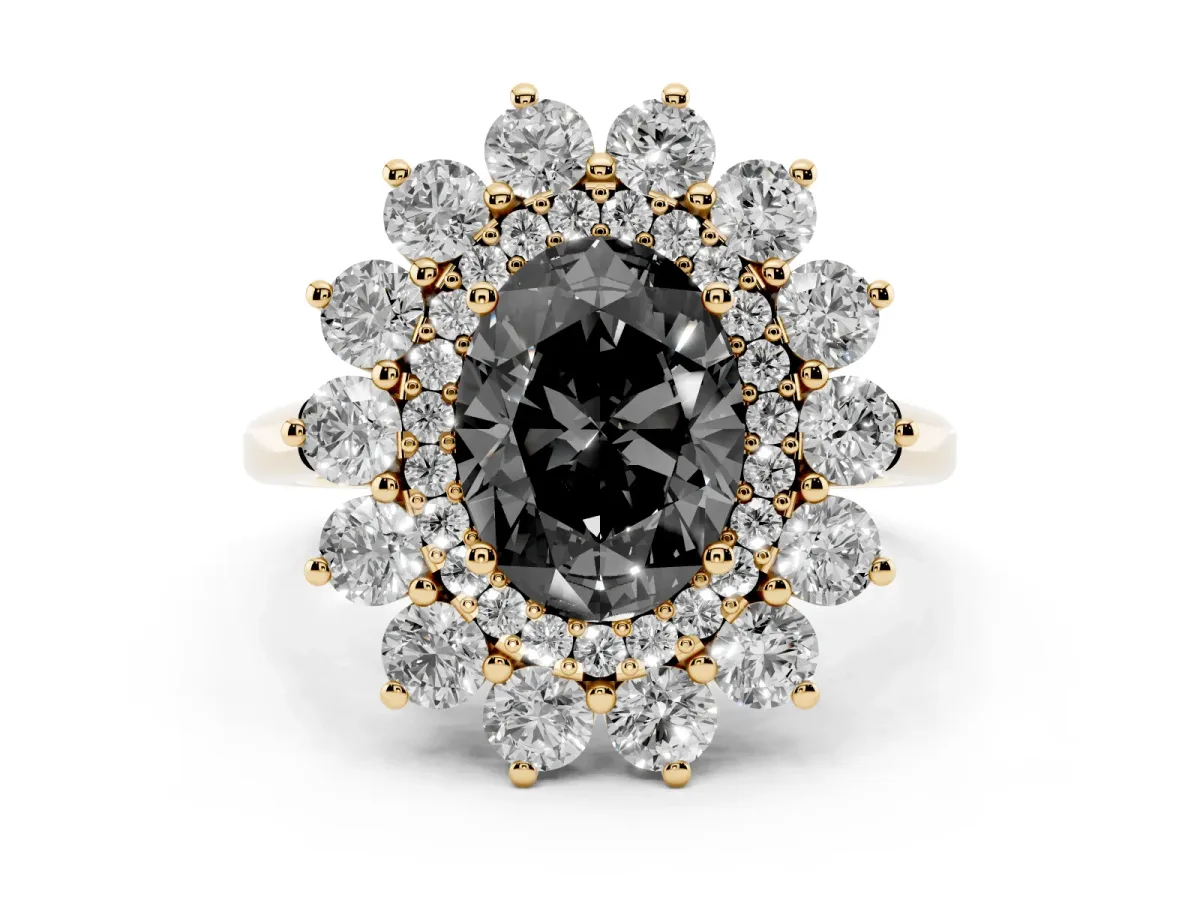 Fancy Black Oval Cut Diamond Floral Double Halo Engagement Ring with Prong Setting Yellow gold