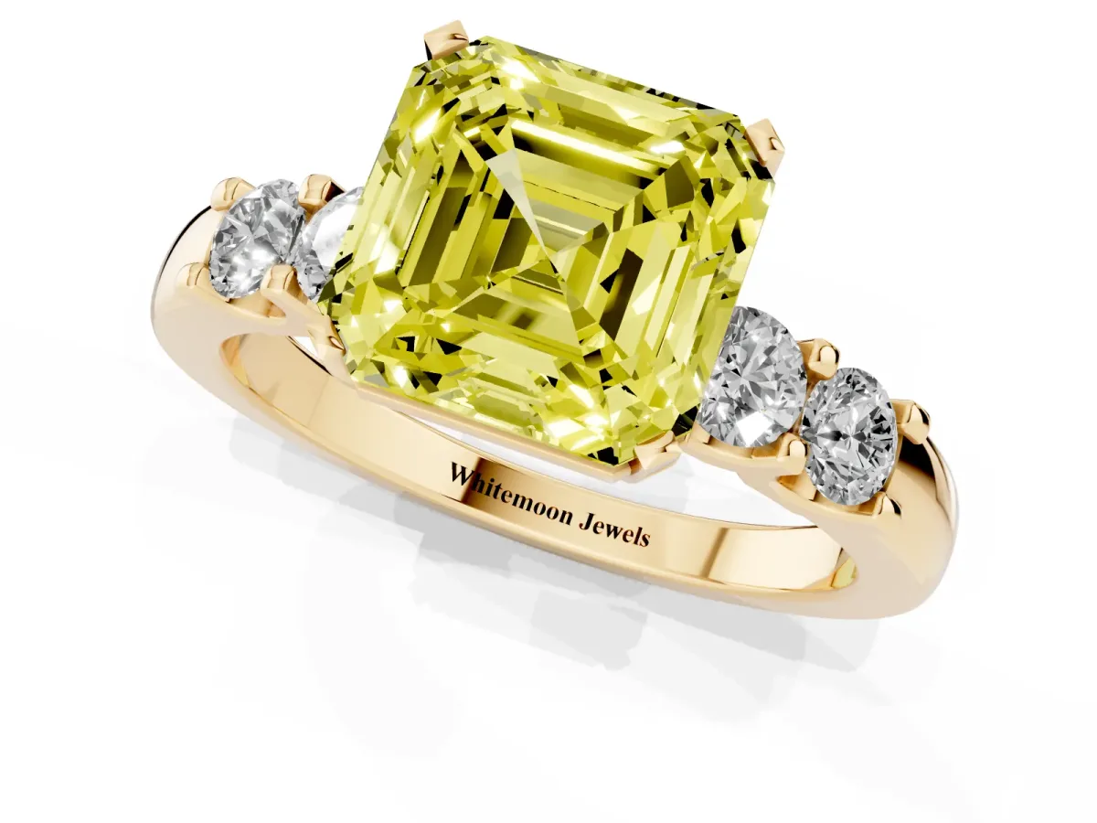 Fancy Yellow Asscher Cut Brilliant Cut Diamond Five-Stone Prong Set Engagement Ring with Channel Band Yellow gold