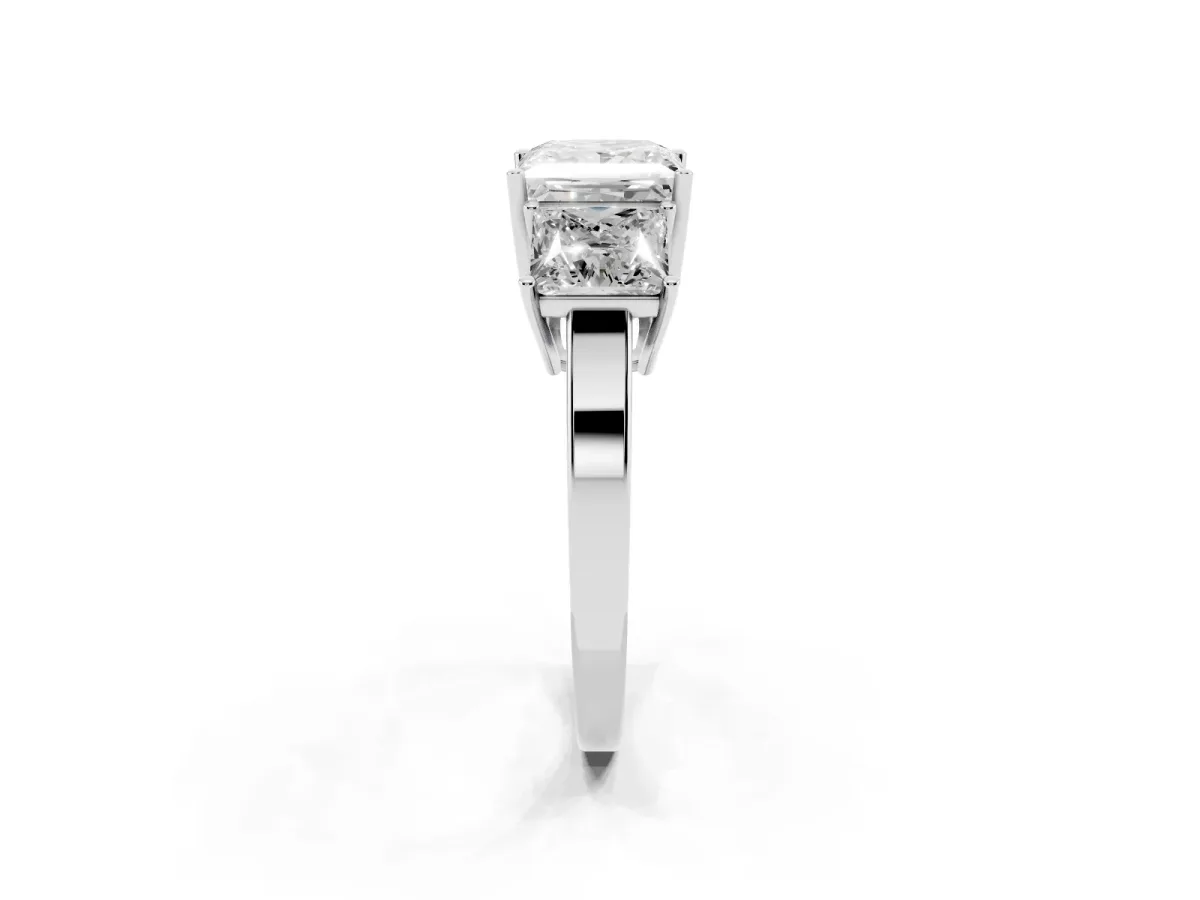 Three-Stone Princess Cut Cut Diamond Engagement Ring with Flat Band and Four-Prong Setting Silver