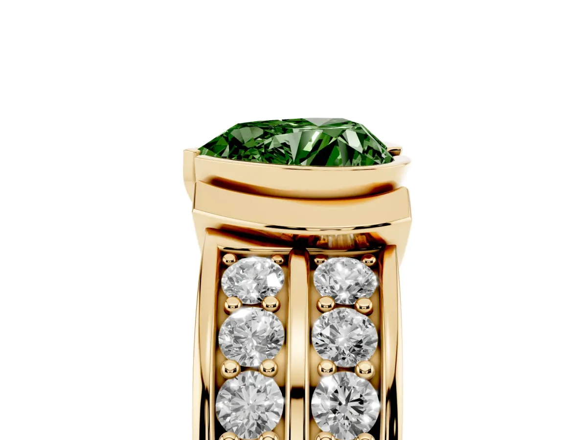 Fancy Green Heart Cut Brilliant Diamond Channel Set Wide Band Ring with Bezel Setting Yellow gold
