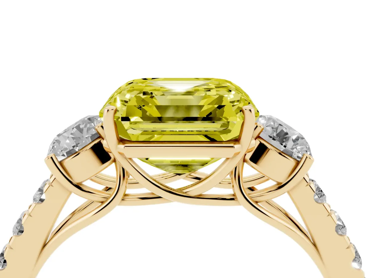 Fancy Yellow Asscher Cut Cut Diamond Three-Stone Ring with Round Side Stones and Pavé Band Yellow gold