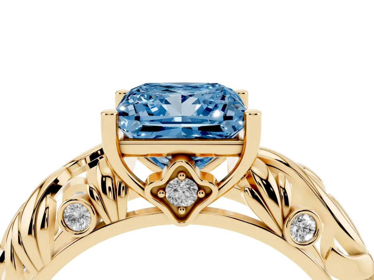 Fancy Blue Princess Cut Solitaire Diamond Leaf-Inspired Vine Band Ring with Prong Setting Yellow gold