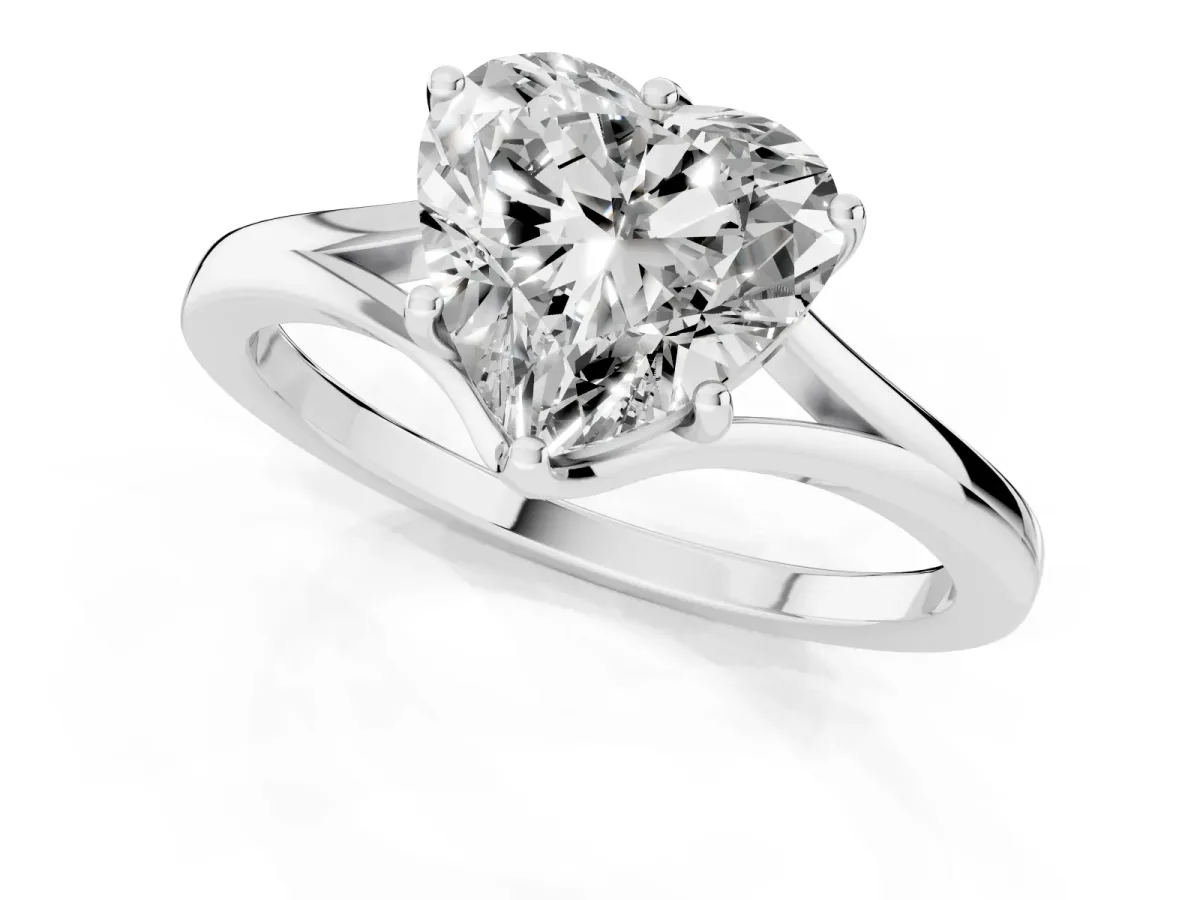 Heart Cut Solitaire Diamond Ring with Six-Prong Setting and Tapered Band Silver