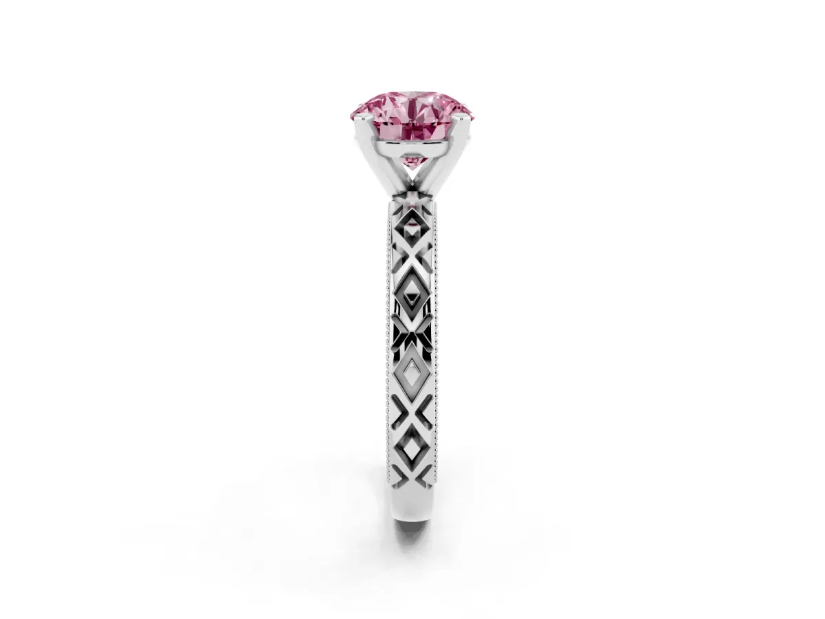 Fancy Pink Round Cut Solitaire Diamond Ring with Milgrain and Black Enamel X Pattern Band Silver